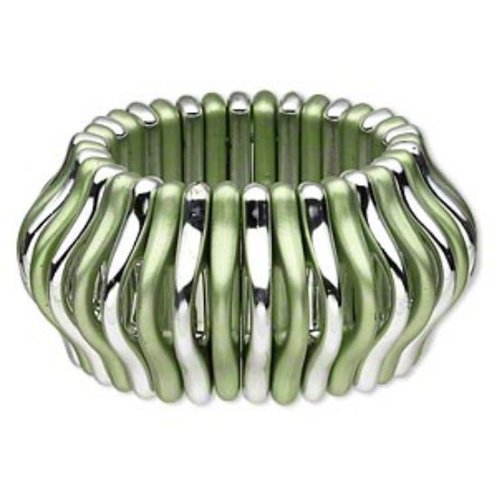 Picture of Bracelet, stretch, plastic, shiny silver and matte green, 44x5mm fancy curve with oval cutout, 7 to 7-1/2 inches. Sold individually.