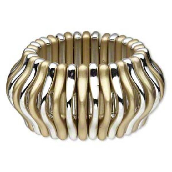 Picture of Bracelet, stretch, plastic, shiny silver and matte gold, 44x5mm fancy curve with oval cutout, 7 to 7-1/2 inches. Sold individually.