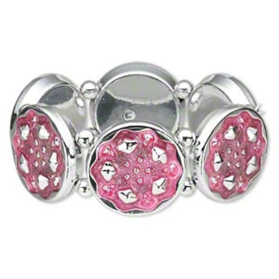 Picture of Bracelet, stretch, plastic and epoxy, silver and pink, 30mm round, 7 to 7-1/2 inches. Sold individually.