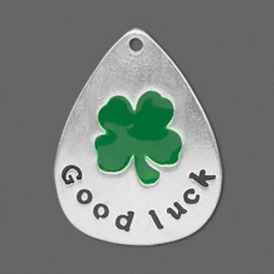 Picture of Focal 34x27mm teardrop with single-sided "Good Luck" and 4-leaf clover x1