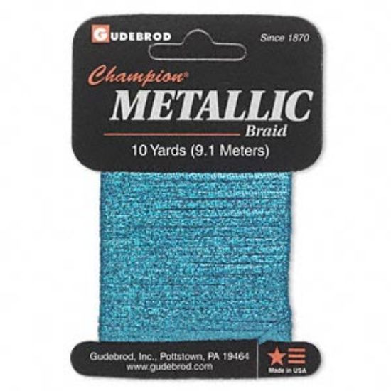 Picture of Thread, Gudebrod, Mylar, metallic turquoise blue, electra hologram braid, 13-18 thread count. Sold per 10-yard card.