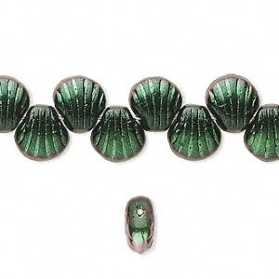 Picture of Bead, Preciosa Czech pressed glass, metallic green, 9mm shell. Sold per 16-inch strand, approximately 65 beads.