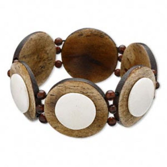 Picture of Bracelet, bone (bleached/dyed), brown and white, 30mm triple-drilled flat round, 7-inch stretch. Sold individually.