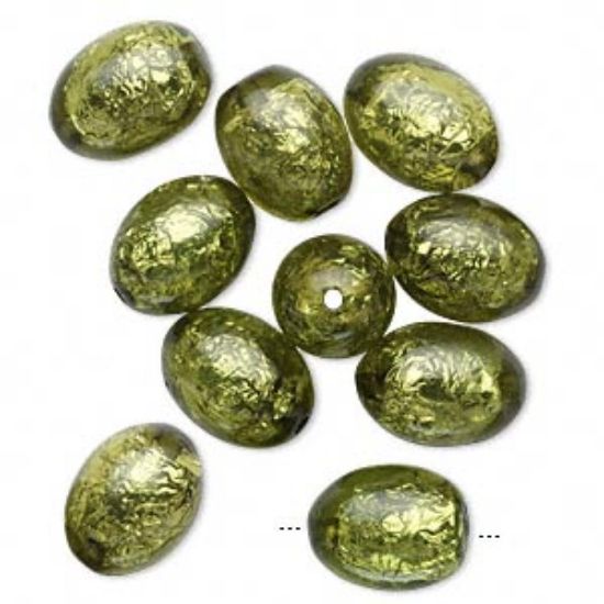 Picture of Bead resin with silver-color foil peridot green 22x17mm oval. Sold per pkg of 10.