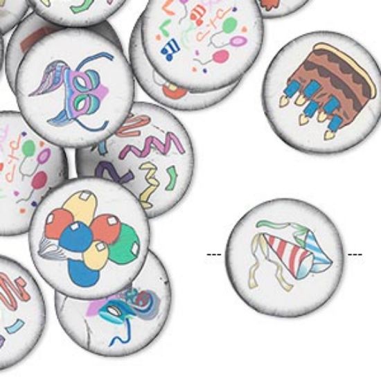 Picture of Polymer Clay Bead mix, multicolored, 14mm double-sided flat round with party designs x30