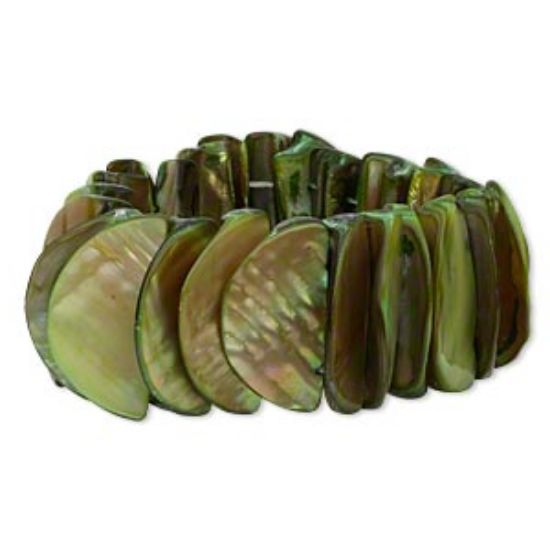 Picture of Bracelet, stretch, mother-of-pearl shell (dyed), pine green, 29x15mm-30x18mm double-drilled flat-sided rondelle, 8 inches x1