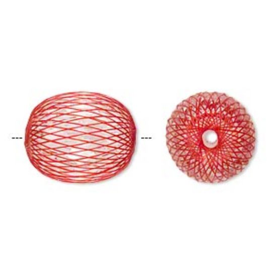 Picture of Kraal, acryl en nylon, transparant met rode net, 27x22mm faceted ovaal. 