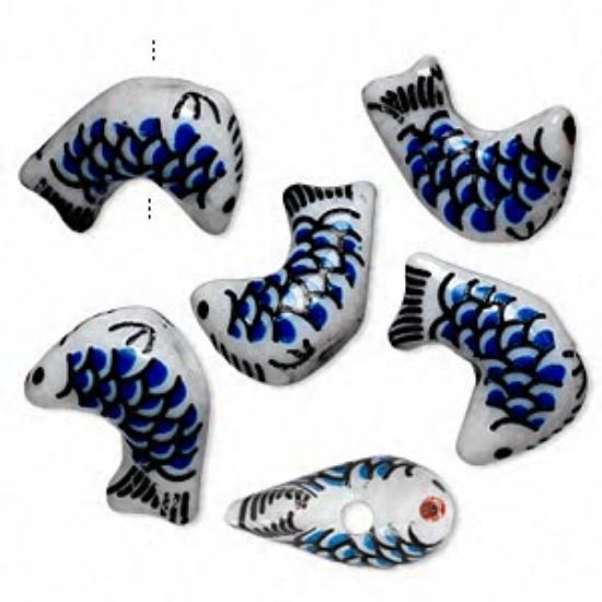 Picture of Porcelain Bead Fish 18x12mm white / blue / black x1