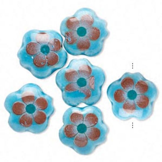 Picture of Porcelain Bead Flower 15mm w/ 2-2.5mm hole Light Blue/Red x6