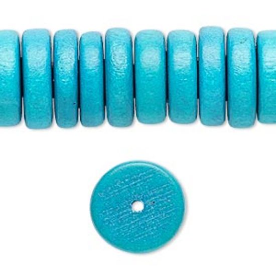 Picture of Bead, wood (dyed / waxed), dark turquoise blue, 15x2mm-16x5mm rondelle. Sold per 8-inch strand.