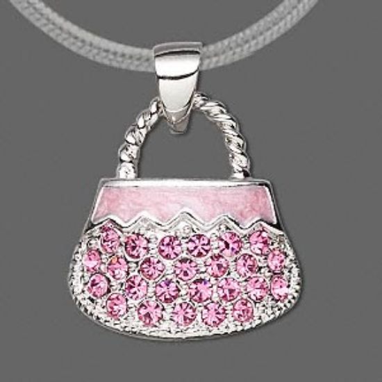 Picture of Pendant, rhodium-finished, pink with pink crystal, 20x18mm purse. Sold individually.