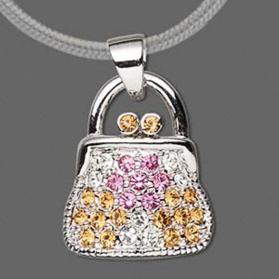 Picture of Pendant, rhodium-finished pewter (tin-based alloy) with rhinestones, pink/yellow/clear, 19x15mm purse. Sold individually.