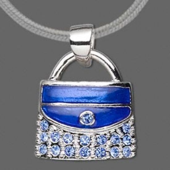 Picture of Pendant, rhodium-finished, blue with blue crystal, 18x15mm purse. Sold individually.