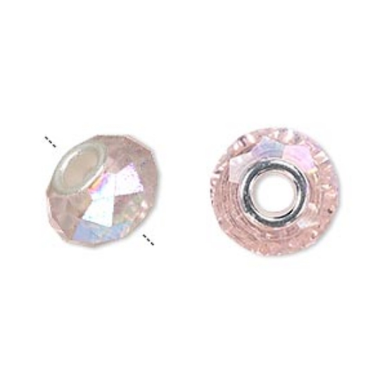 Picture of Large Hole Glass Bead 14x10mm faceted rondelle Pink AB x1 