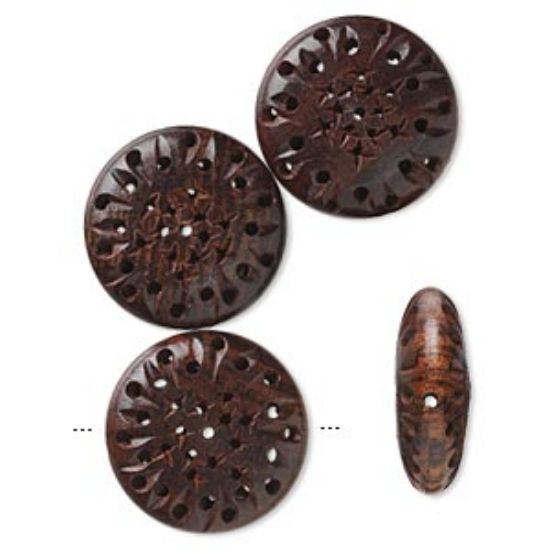 Picture of Indian rosewood (natural), brown, 33x11mm carved puffed flat round with holes x1