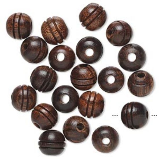 Picture of Bead, Indian rosewood (natural), brown, 9-10mm round with carved double lines. Sold per pkg of 20.