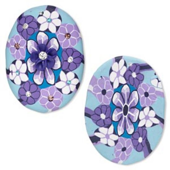 Picture of Focal, polymer clay, blue and purple, 49x36mm oval with flower designs and Czech rhinestone accents. Sold individually.