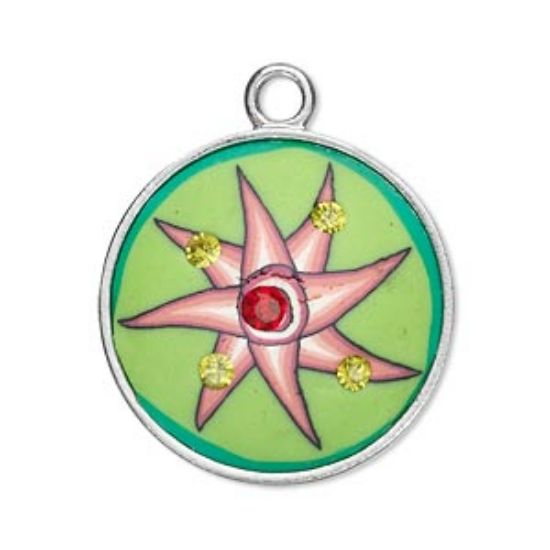 Picture of Focal, polymer clay and pewter (tin-based alloy), green and pink, 28mm round with Czech rhinestone accents x1