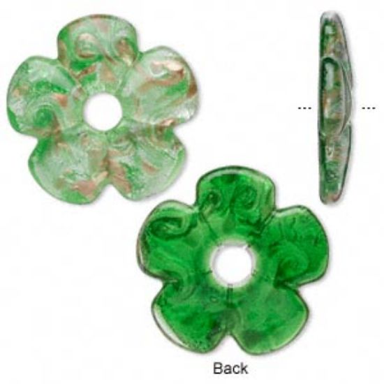 Picture of Focal, lampworked glass, green with silver- and gold-colored foil, 56mm open flower.