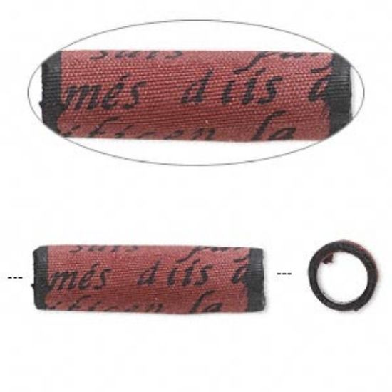 Picture of Bead, Sassy Silkies™, silk over soft acrylic core, red and black, 25x8mm tube with script and 5mm hole. x1
