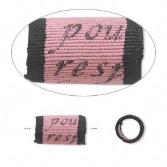 Picture of Bead, Sassy Silkies™, silk over soft acrylic core, pink and black, 13x8mm tube with script and 5mm hole. x1