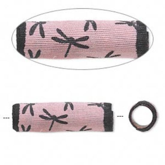Picture of Bead, Sassy Silkies™, silk over soft acrylic core, pink and black, 25x8mm tube with dragonfly and 5mm hole. x1