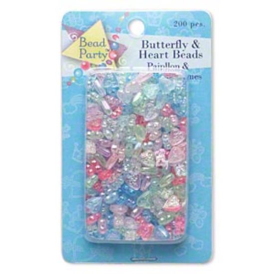 Picture of Bead mix, Bead Party™, acrylic, multicolored pastel AB, 9x6mm butterfly and 9x8mm heart. Sold per pkg of 200.