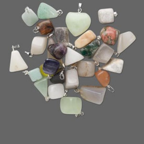 Picture of Pendant mix, multi-gemstone (natural / dyed / imitation) / glass / silver-finished steel / brass, 8-20mm mixed shape. Sold per 1/4 pound pkg, approximately 30-35 pendants.