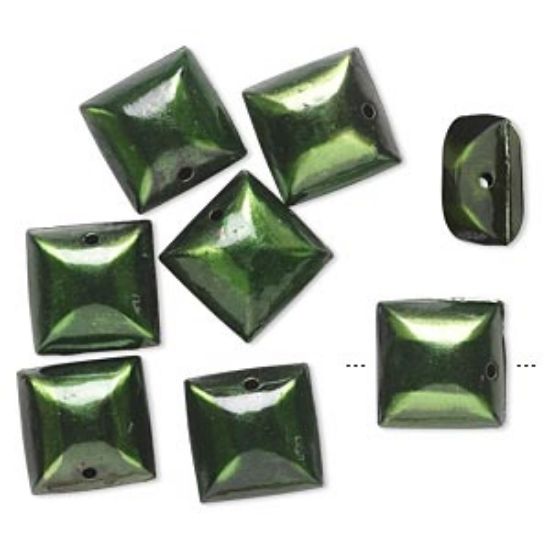 Picture of Bead, brass with enamel coating, green, 18x18mm puffed square x8