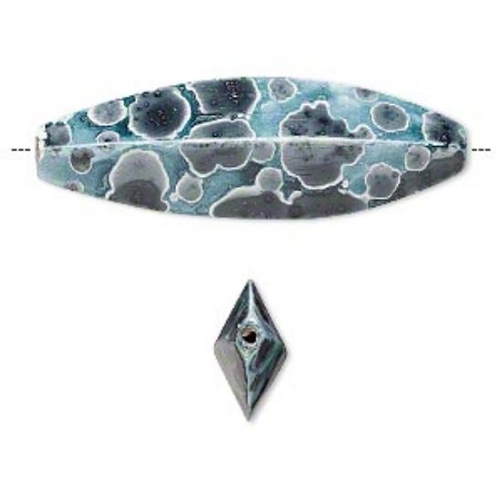 Picture of Bead, hambabalud wood, aqua and grey, 52x17mm painted 4-sided marquise. Sold per pkg of 2.