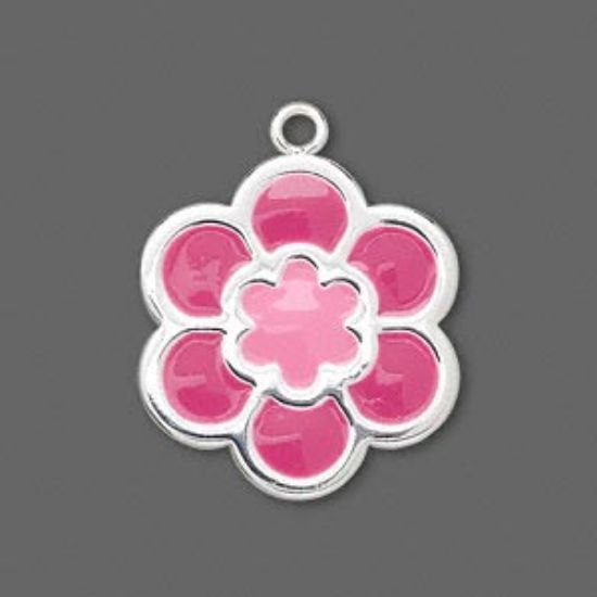 Picture of Pendant Epoxy 29x25mm double-sided flower Silver Plated Pink x1