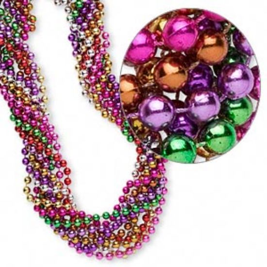 Picture of Necklace mix, Mardi Gras beads, acrylic, mixed metallic colors, 8mm round, 32-inch continuous loop. Sold per pkg of 12.