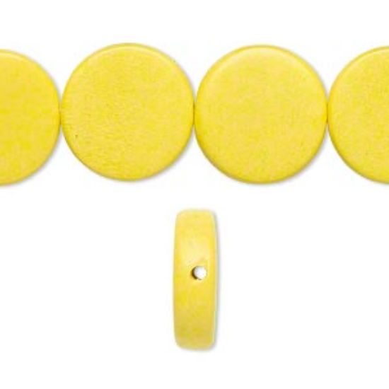 Picture of Bead, wood (dyed / waxed), yellow, 15mm flat round. Sold per 16-inch strand.