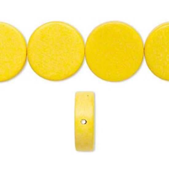 Picture of Bead, wood (dyed / waxed), dark yellow, 15mm flat round. Sold per 16-inch strand.