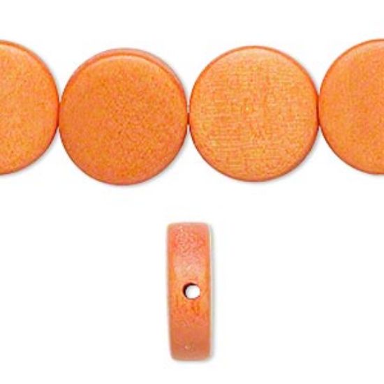 Picture of Bead, wood (dyed / waxed), orange, 15mm flat round. Sold per 16-inch strand.