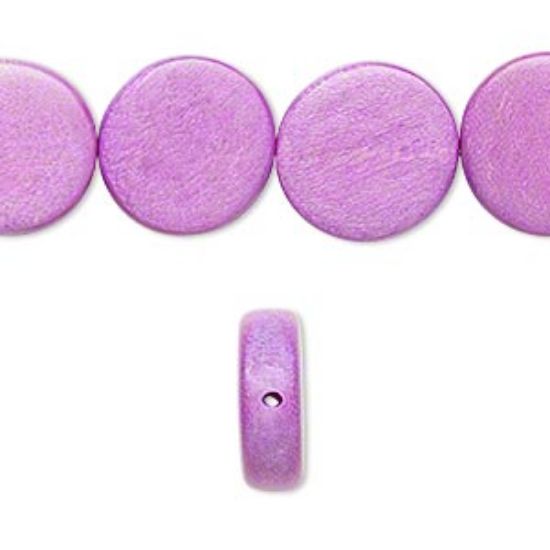 Picture of Bead, wood (dyed / waxed), light purple, 15mm flat round. Sold per 16-inch strand.