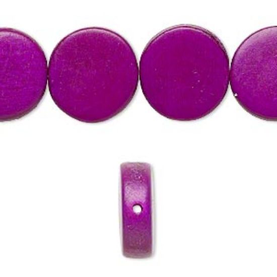Picture of Bead, wood (dyed / waxed), dark purple, 15mm flat round. Sold per 16-inch strand.