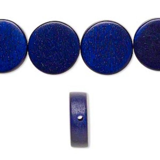 Picture of Bead, wood (dyed / waxed), navy, 15mm flat round. Sold per 16-inch strand.