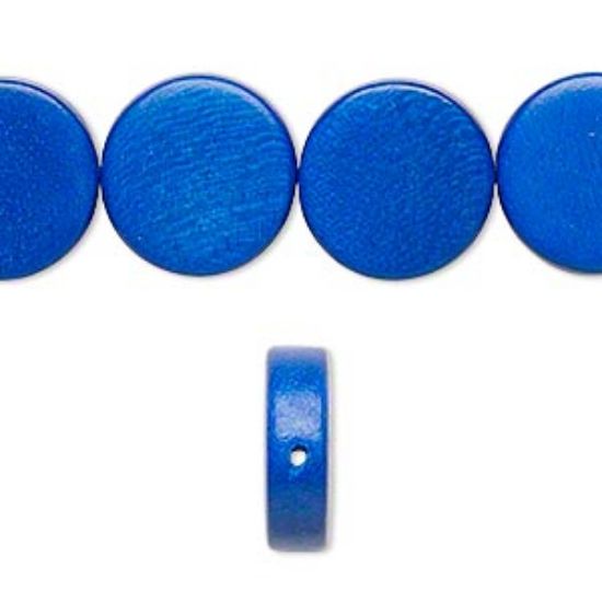 Picture of Bead, wood (dyed / waxed), dark blue, 15mm flat round. Sold per 16-inch strand.
