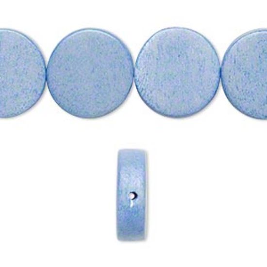 Picture of Bead, wood (dyed / waxed), light blue, 15mm flat round. Sold per 16-inch strand.