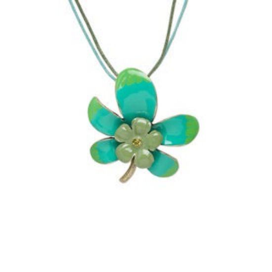 Picture of Necklace, antiqued copper-finished pewter  and enamel,  on two-tone green cord, crystal adorned flower design, multi-green, 46mm pendant, 18-20 inches. 