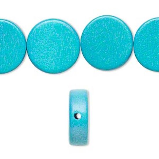 Picture of Bead, wood (dyed / waxed), aqua, 15mm flat round. Sold per 16-inch strand.