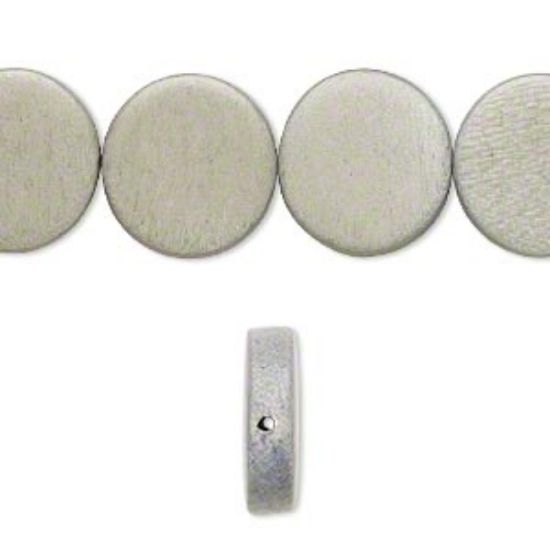 Picture of Bead, wood (dyed / waxed), light grey, 15mm flat round. Sold per 16-inch strand.