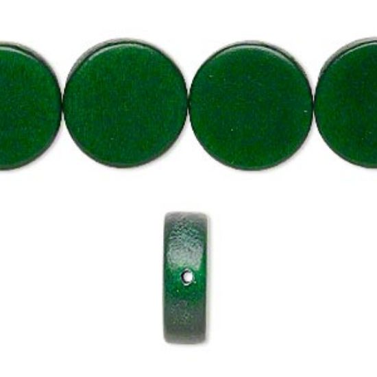 Picture of Bead, wood (dyed / waxed), dark green, 15mm flat round. Sold per 16-inch strand.