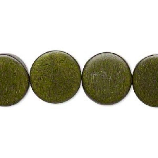 Picture of Bead, wood (dyed / waxed), dark forest green, 15mm flat round. Sold per 16-inch strand.