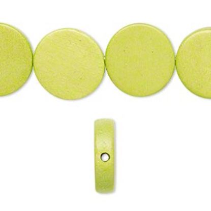 Image de Bead, wood (dyed / waxed), lime green, 15mm flat round. Sold per 16-inch strand.