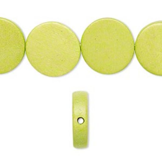 Picture of Bead, wood (dyed / waxed), lime green, 15mm flat round. Sold per 16-inch strand.