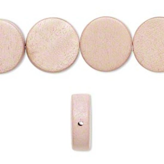 Picture of Bead, wood (dyed / waxed), light mauve, 15mm flat round. Sold per 16-inch strand.