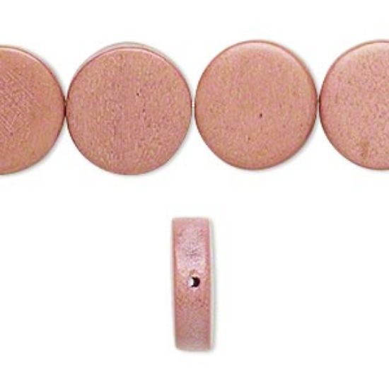 Picture of Bead, wood (dyed / waxed), mauve, 15mm flat round. Sold per 16-inch strand.