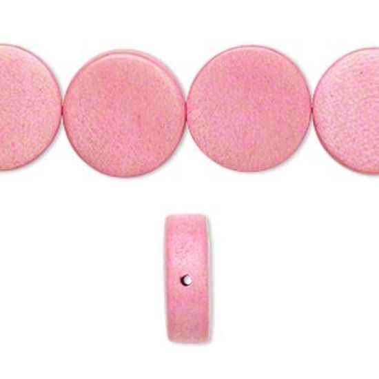 Picture of Bead, wood (dyed / waxed), light pink, 15mm flat round. Sold per 16-inch strand.